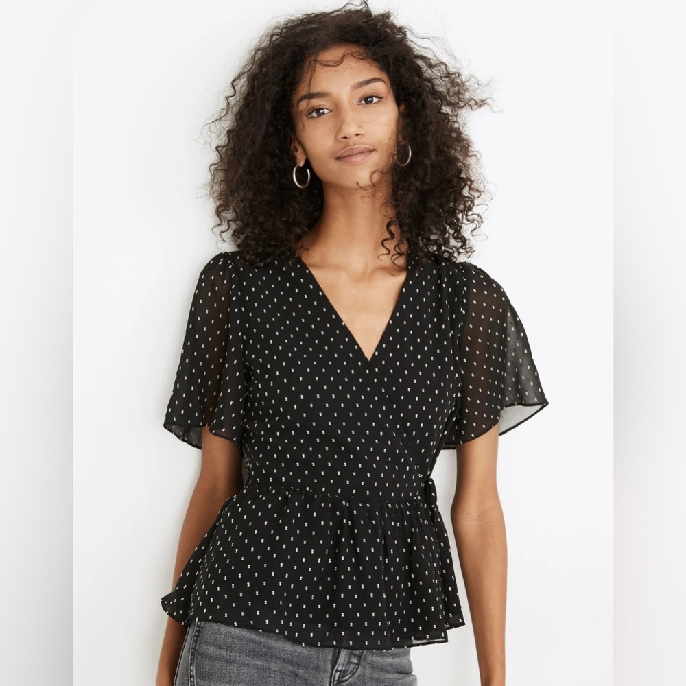 Madewell Flutter-Sleeve Peplum Wrap Top in Black & White Clipdot Size Small